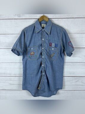 Vintage JC Penney Big Mac Shirt Mens Medium Blue Chain Stitch Chambray Art